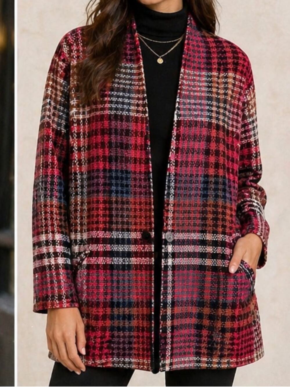 Rachel Zoe Plaid Wool Blend Open Front Coatigan Jacket Size Large Multicolor